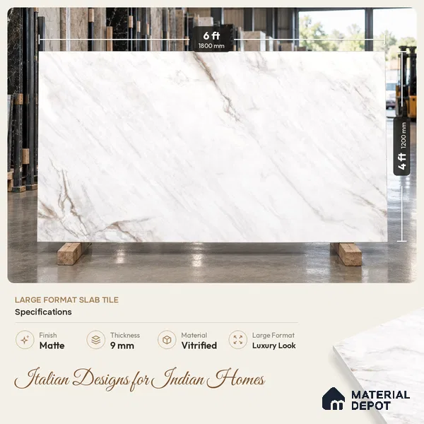 Marble Calacatta Wall & Floor Tile TL 09628 Warm White 6 ft x 4 ft Matte Finish Vitrified Tile - 9 mm | 3 Random Designs | Suitable For Living Room, Bedroom, Dining Area | Adhesive and Spacers Must be Used During Installation