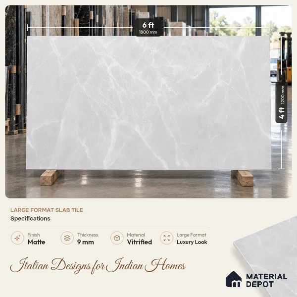 Marble Floor & Wall Tile TL 09631 Alvery Bianco 6 ft x 4 ft Nutech Finish Vitrified Large Format Tile - 9 mm | 2 Random Design | Suitable For Living Room, Bedroom, Dining Area | Adhesive and Spacers Must be Used During Installation