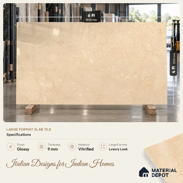 Marble Floor & Wall Tile TL 09632 Elite Marfil Beige 6 ft x 4 ft Infinia Finish Vitrified Large Format Tile - 9 mm | 2 Random Design | Suitable For Living Room, Bedroom, Dining Area | Adhesive and Spacers Must be Used During Installation