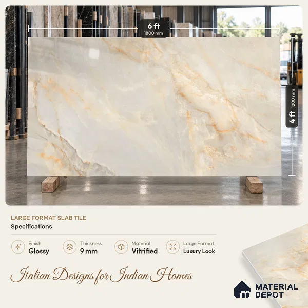 Marble Floor & Wall Tile TL 09633 Selva Onyx Crema 6 ft x 4 ft Infinia Finish Vitrified Large Format Tile - 9 mm | 3 Random Design | Suitable For Living Room, Bedroom, Dining Area | Adhesive and Spacers Must be Used During Installation