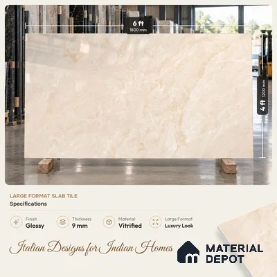 Marble Floor & Wall Tile TL 09641 Indo Beige 6 ft x 4 ft Infinia Finish Vitrified Large Format Tile - 9 mm | 3 Random Design | Suitable For Living Room, Bedroom, Dining Area | Adhesive and Spacers Must be Used During Installation