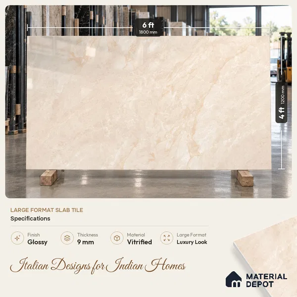 Marble Floor & Wall Tile TL 09641 Indo Beige 6 ft x 4 ft Infinia Finish Vitrified Large Format Tile - 9 mm | 3 Random Design | Suitable For Living Room, Bedroom, Dining Area | Adhesive and Spacers Must be Used During Installation
