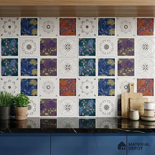 Patterned Wall Tile TL 09732 D 25003 2 ft x 1 ft Multi Colour Ceramic Glossy Finish Highlighter 2 Tile - 9 mm | Ideal for Bathroom, Kitchen | Please Expect a Slight Variation of Pattern