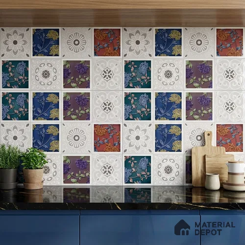 Patterned Wall Tile TL 09732 D 25003 2 ft x 1 ft Multi Colour Ceramic Glossy Finish Highlighter 2 Tile - 9 mm | Ideal for Bathroom, Kitchen | Please Expect a Slight Variation of Pattern
