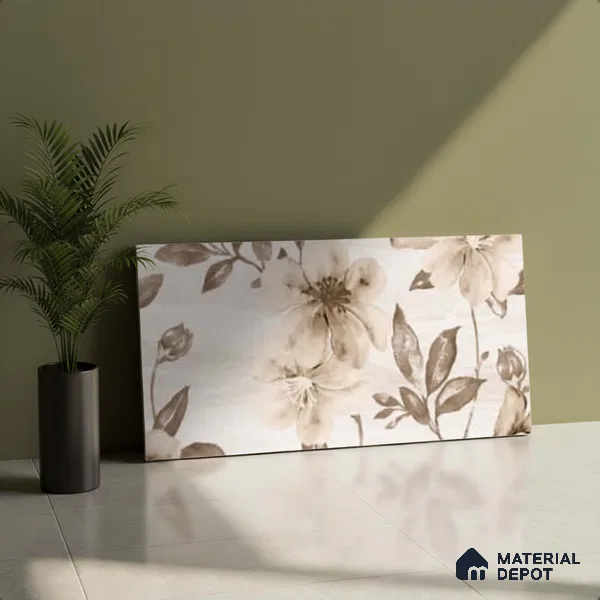 Floral Wall Tile TL 09743 C 2 ft x 1 ft Beige Ceramic Matte Finish Highlighter 1 Tile - 9 mm | Ideal for Bathroom, Kitchen | Please Expect a Slight Variation of Pattern