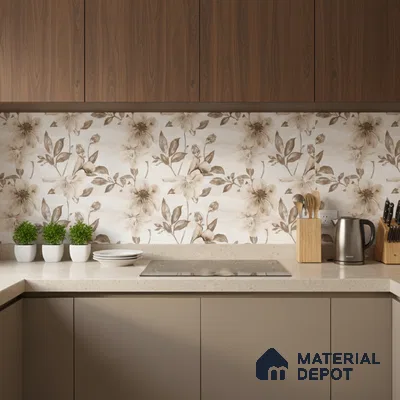Floral Wall Tile TL 09743 C  2 ft x 1 ft Beige Ceramic Matte Finish Highlighter 1 Tile - 9 mm | Ideal for Bathroom, Kitchen | Please Expect a Slight Variation of Pattern (Sample)