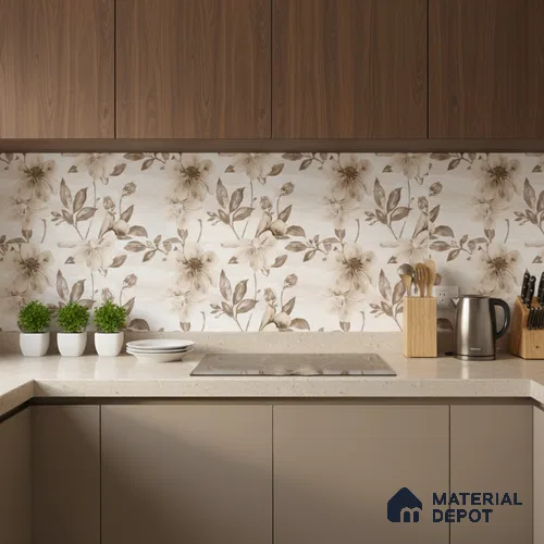 Floral Wall Tile TL 09743 C 2 ft x 1 ft Beige Ceramic Matte Finish Highlighter 1 Tile - 9 mm | Ideal for Bathroom, Kitchen | Please Expect a Slight Variation of Pattern