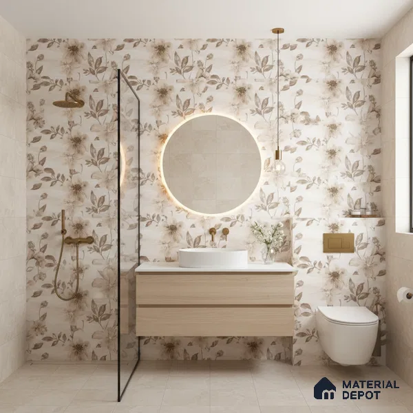 Floral Wall Tile TL 09743 C  2 ft x 1 ft Beige Ceramic Matte Finish Highlighter 1 Tile - 9 mm | Ideal for Bathroom, Kitchen | Please Expect a Slight Variation of Pattern (Sample)