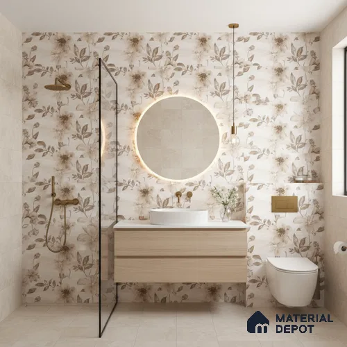 Floral Wall Tile TL 09743 C 2 ft x 1 ft Beige Ceramic Matte Finish Highlighter 1 Tile - 9 mm | Ideal for Bathroom, Kitchen | Please Expect a Slight Variation of Pattern