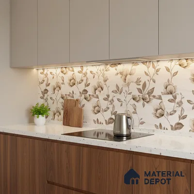 Floral Wall Tile TL 09743 D  2 ft x 1 ft Beige Ceramic Matte Finish Highlighter 2 Tile - 9 mm | Ideal for Bathroom, Kitchen | Please Expect a Slight Variation of Pattern (Sample)