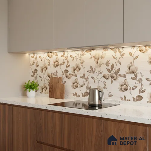 Floral Wall Tile TL 09743 D 2 ft x 1 ft Beige Ceramic Matte Finish Highlighter 2 Tile - 9 mm | Ideal for Bathroom, Kitchen | Please Expect a Slight Variation of Pattern