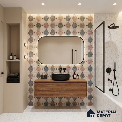 Patterned Wall Tile TL 09744 C  2 ft x 1 ft Multi Colour Ceramic Matte Finish Highlighter 1 Tile - 9 mm | Ideal for Bathroom, Kitchen | Please Expect a Slight Variation of Pattern