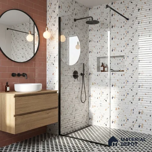 Terrazzo Wall Tile TL 09746 B  2 ft x 1 ft White Ceramic Glossy Finish Decor 1 Tile - 9 mm | Ideal for Bathroom, Kitchen
