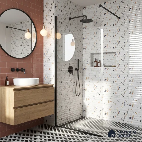 Terrazzo Wall Tile TL 09746 B 2 ft x 1 ft White Ceramic Glossy Finish Decor 1 Tile - 9 mm | Ideal for Bathroom, Kitchen