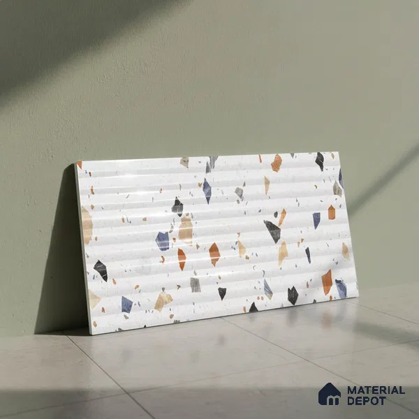 Terrazzo Wall Tile TL 09746 C  2 ft x 1 ft White Ceramic Glossy Finish Decor 2 Tile - 9 mm | Ideal for Bathroom, Kitchen