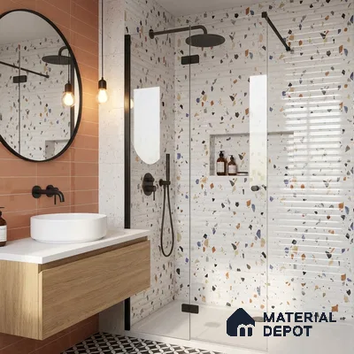 Terrazzo Wall Tile TL 09746 C  2 ft x 1 ft White Ceramic Glossy Finish Decor 2 Tile - 9 mm | Ideal for Bathroom, Kitchen