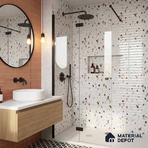 Terrazzo Wall Tile TL 09746 C  2 ft x 1 ft White Ceramic Glossy Finish Decor 2 Tile - 9 mm | Ideal for Bathroom, Kitchen