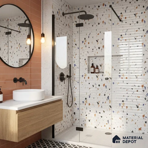 Terrazzo Wall Tile TL 09746 C 2 ft x 1 ft White Ceramic Glossy Finish Decor 2 Tile - 9 mm | Ideal for Bathroom, Kitchen