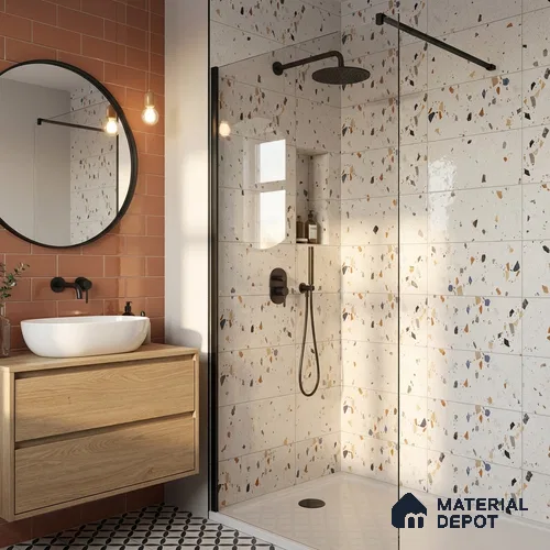 Terrazzo Wall Tile TL 09746  2 ft x 1 ft White Ceramic Glossy Finish Light Tile - 9 mm | Ideal for Bathroom, Kitchen