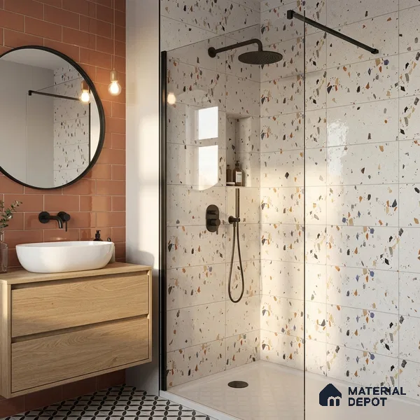Terrazzo Wall Tile TL 09746 2 ft x 1 ft White Ceramic Glossy Finish Light Tile - 9 mm | Ideal for Bathroom, Kitchen