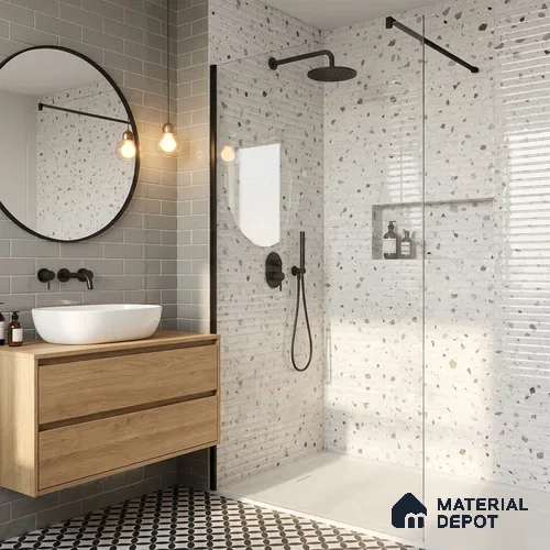 Terrazzo Wall Tile TL 09747 C  2 ft x 1 ft Grey Ceramic Glossy Finish Decor 2 Tile - 9 mm | Ideal for Bathroom, Kitchen