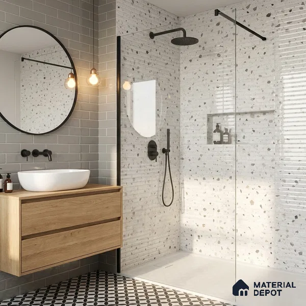 Terrazzo Wall Tile TL 09747 C 2 ft x 1 ft Grey Ceramic Glossy Finish Decor 2 Tile - 9 mm | Ideal for Bathroom, Kitchen