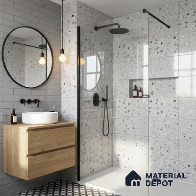 Terrazzo Wall Tile TL 09747  2 ft x 1 ft Grey Ceramic Glossy Finish Light Tile - 9 mm | Ideal for Bathroom, Kitchen