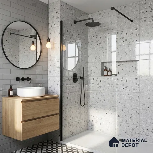 Terrazzo Wall Tile TL 09747  2 ft x 1 ft Grey Ceramic Glossy Finish Light Tile - 9 mm | Ideal for Bathroom, Kitchen