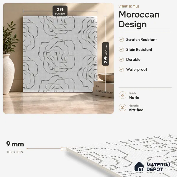 Moroccan Floor & Wall Tile TL 09803 B 2 ft x 2 ft Vitrified Matte Finish Tile - 9 mm | Suitable For Kitchen, Accent/Feature Wall, Dining Area | Please Expect a Slight Variation of Pattern