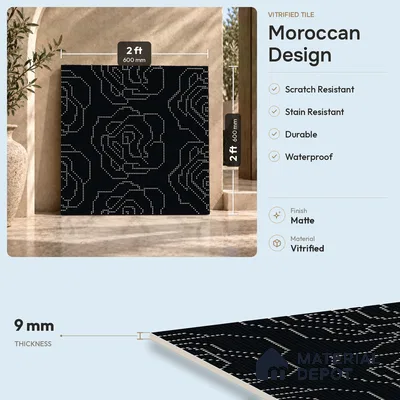 Moroccan Floor & Wall Tile TL 09803  2 ft x 2 ft  Vitrified Matte Finish Tile - 9 mm | Suitable For Kitchen, Accent/Feature Wall, Dining Area | Please Expect a Slight Variation of Pattern