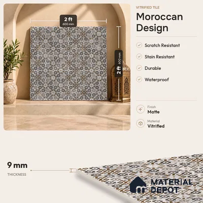 Moroccan Floor & Wall Tile TL 09805  2 ft x 2 ft  Vitrified Matte Finish Tile - 9 mm | Suitable For Kitchen, Balcony, Dining Area | Please Expect a Slight Variation of Pattern