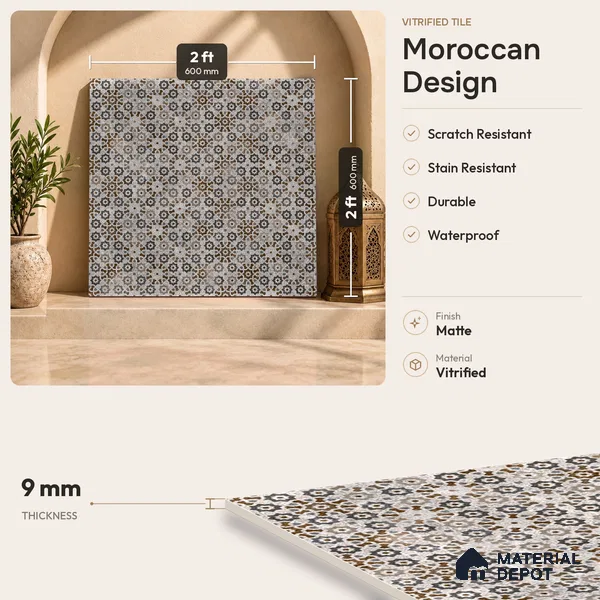 Moroccan Floor & Wall Tile TL 09805 2 ft x 2 ft Vitrified Matte Finish Tile - 9 mm | Suitable For Kitchen, Balcony, Dining Area | Please Expect a Slight Variation of Pattern