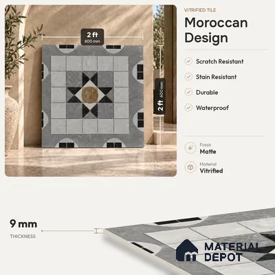 Moroccan Floor & Wall Tile TL 09809  2 ft x 2 ft Grey Vitrified Matte Finish Tile - 9 mm | Suitable For Balcony, Foyer, Courtyard | Please Expect a Slight Variation of Pattern