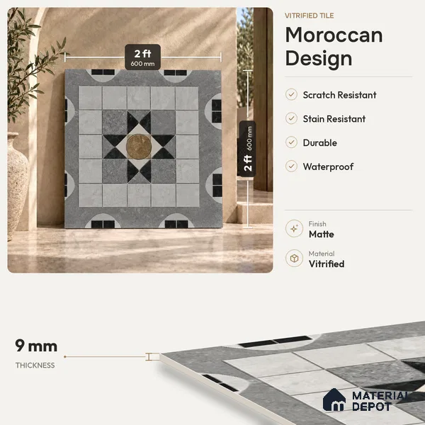Moroccan Floor & Wall Tile TL 09809  2 ft x 2 ft Grey Vitrified Matte Finish Tile - 9 mm | Suitable For Balcony, Foyer, Courtyard | Please Expect a Slight Variation of Pattern