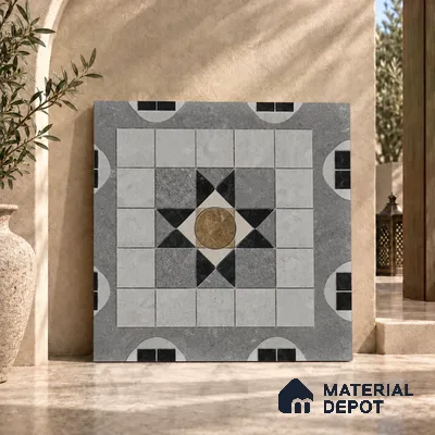 Moroccan Floor & Wall Tile TL 09809  2 ft x 2 ft Grey Vitrified Matte Finish Tile - 9 mm | Suitable For Balcony, Foyer, Courtyard | Please Expect a Slight Variation of Pattern