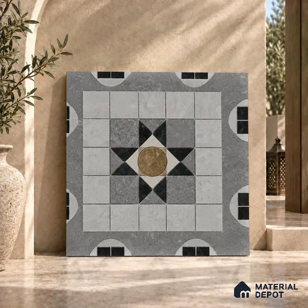 Moroccan Floor & Wall Tile TL 09809  2 ft x 2 ft Grey Vitrified Matte Finish Tile - 9 mm | Suitable For Balcony, Foyer, Courtyard | Please Expect a Slight Variation of Pattern