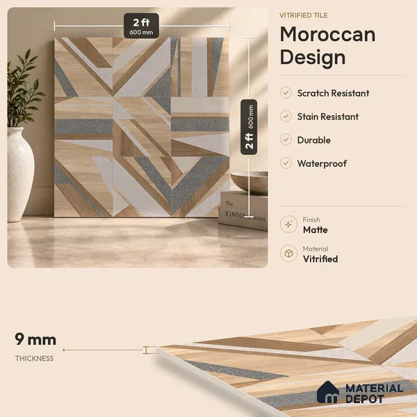 Moroccan Floor & Wall Tile TL 09810 2 ft x 2 ft Brown Vitrified Matte Finish Tile - 9 mm | Suitable For Kitchen, Accent/Feature Wall, Balcony | Please Expect a Slight Variation of Pattern