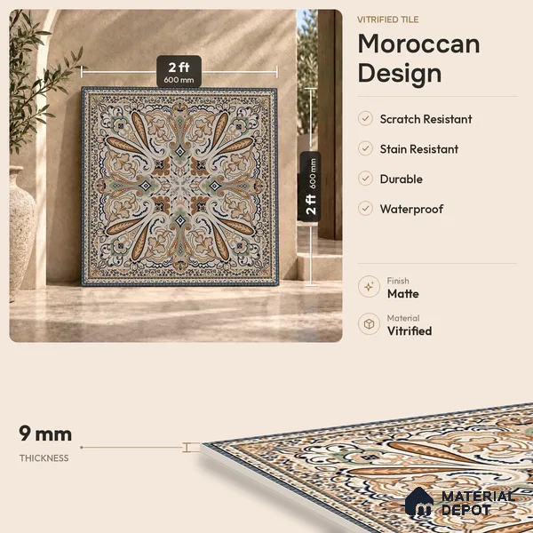 Moroccan Floor & Wall Tile TL 09814 2 ft x 2 ft Brown Vitrified Matte Finish Tile - 9 mm | Suitable For Kitchen, Bedroom, Dining Area | Please Expect a Slight Variation of Pattern
