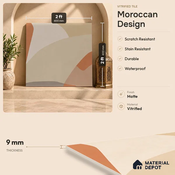 Moroccan Floor & Wall Tile TL 09816  2 ft x 2 ft Ivory Vitrified Matte Finish Tile - 9 mm | Suitable For Kitchen, Dining Area | Please Expect a Slight Variation of Pattern
