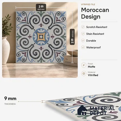 Moroccan Floor & Wall Tile TL 09817  2 ft x 2 ft Blue Vitrified Matte Finish Tile - 9 mm | Suitable For Kitchen, Balcony, Dining Area | Please Expect a Slight Variation of Pattern