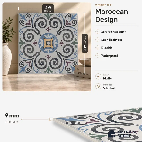 Moroccan Floor & Wall Tile TL 09817  2 ft x 2 ft Blue Vitrified Matte Finish Tile - 9 mm | Suitable For Kitchen, Balcony, Dining Area | Please Expect a Slight Variation of Pattern