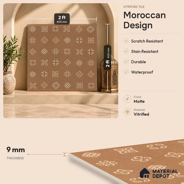 Moroccan Floor & Wall Tile TL 09818 B 2 ft x 2 ft Tactile Memoria Decor Vitrified Matte Finish Tile - 9 mm | Suitable For Balcony, Courtyard, Corridor | Please Expect a Slight Variation of Pattern