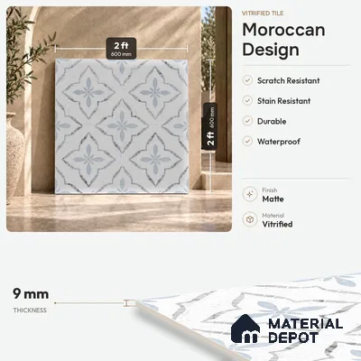 Moroccan Floor & Wall Tile TL 09819 B  2 ft x 2 ft White Vitrified Matte Finish Tile - 9 mm | Suitable For Kitchen, Bathroom, Dining Area | Please Expect a Slight Variation of Pattern