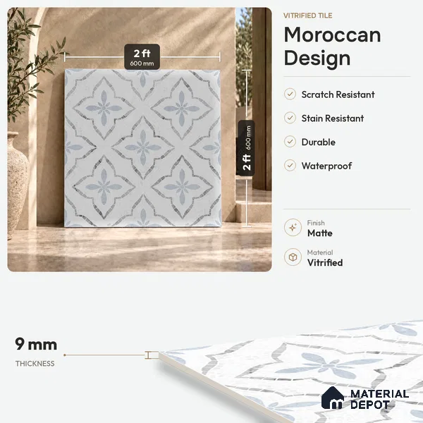 Moroccan Floor & Wall Tile TL 09819 B  2 ft x 2 ft White Vitrified Matte Finish Tile - 9 mm | Suitable For Kitchen, Bathroom, Dining Area | Please Expect a Slight Variation of Pattern