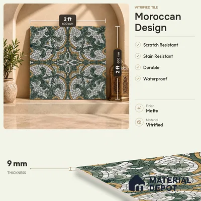 Moroccan Floor & Wall Tile TL 09819 C  2 ft x 2 ft Green Vitrified Matte Finish Tile - 9 mm | Suitable For Balcony, Courtyard, Corridor | Please Expect a Slight Variation of Pattern