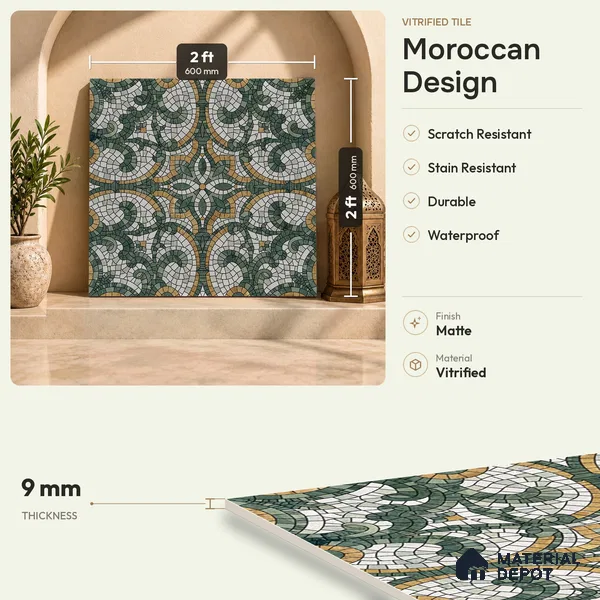 Moroccan Floor & Wall Tile TL 09819 C 2 ft x 2 ft Green Vitrified Matte Finish Tile - 9 mm | Suitable For Balcony, Courtyard, Corridor | Please Expect a Slight Variation of Pattern