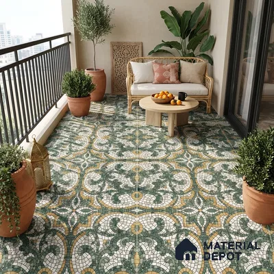 Moroccan Floor & Wall Tile TL 09819 C  2 ft x 2 ft Green Vitrified Matte Finish Tile - 9 mm | Suitable For Balcony, Courtyard, Corridor | Please Expect a Slight Variation of Pattern