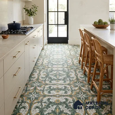 Moroccan Floor & Wall Tile TL 09819 C  2 ft x 2 ft Green Vitrified Matte Finish Tile - 9 mm | Suitable For Balcony, Courtyard, Corridor | Please Expect a Slight Variation of Pattern