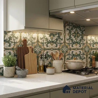 Moroccan Floor & Wall Tile TL 09819 C  2 ft x 2 ft Green Vitrified Matte Finish Tile - 9 mm | Suitable For Balcony, Courtyard, Corridor | Please Expect a Slight Variation of Pattern