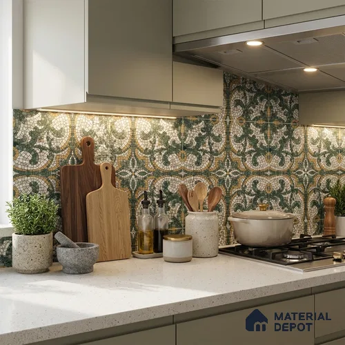 Moroccan Floor & Wall Tile TL 09819 C  2 ft x 2 ft Green Vitrified Matte Finish Tile - 9 mm | Suitable For Balcony, Courtyard, Corridor | Please Expect a Slight Variation of Pattern